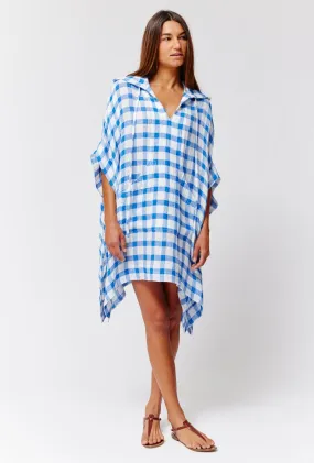 THE HOODED PONCHO in FRENCH BLUE &  WHITE GINGHAM CHIOS GAUZE