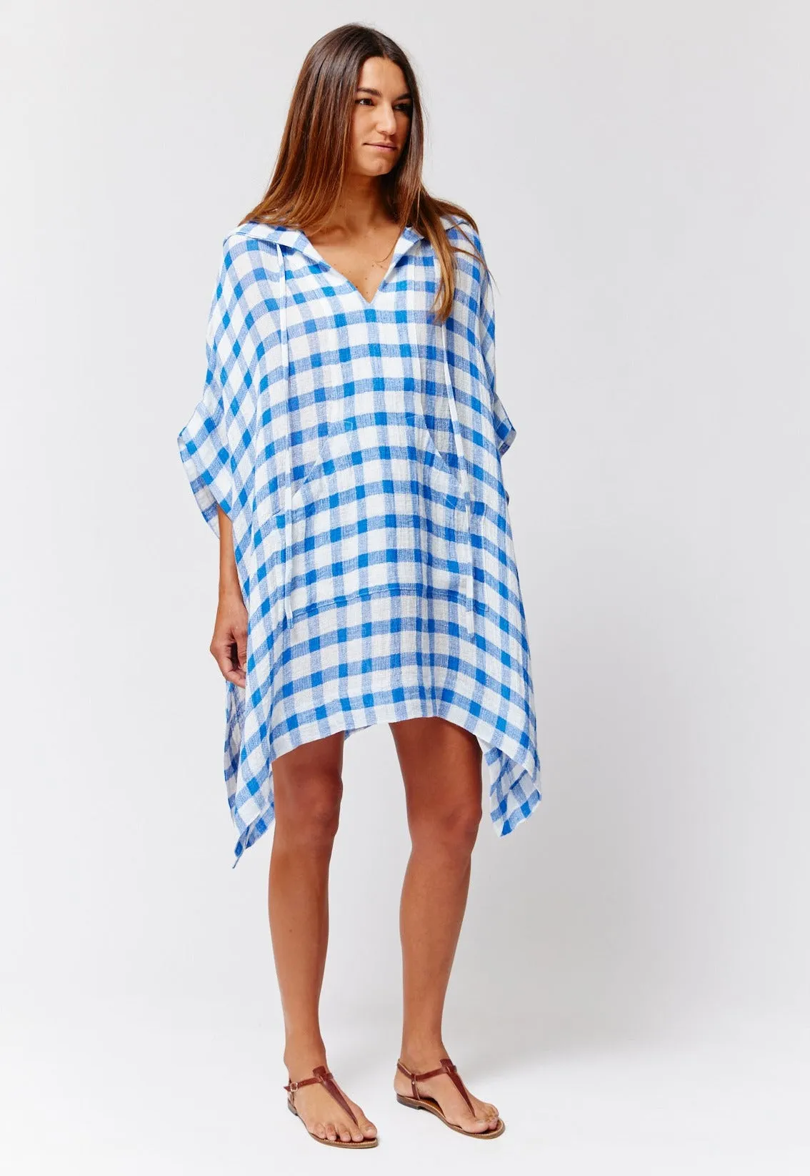 THE HOODED PONCHO in FRENCH BLUE &  WHITE GINGHAM CHIOS GAUZE