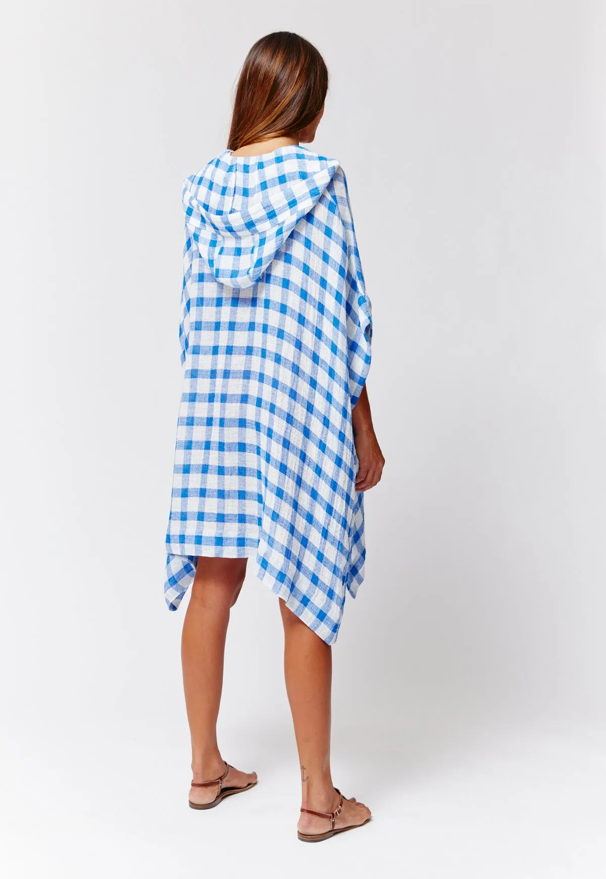 THE HOODED PONCHO in FRENCH BLUE &  WHITE GINGHAM CHIOS GAUZE