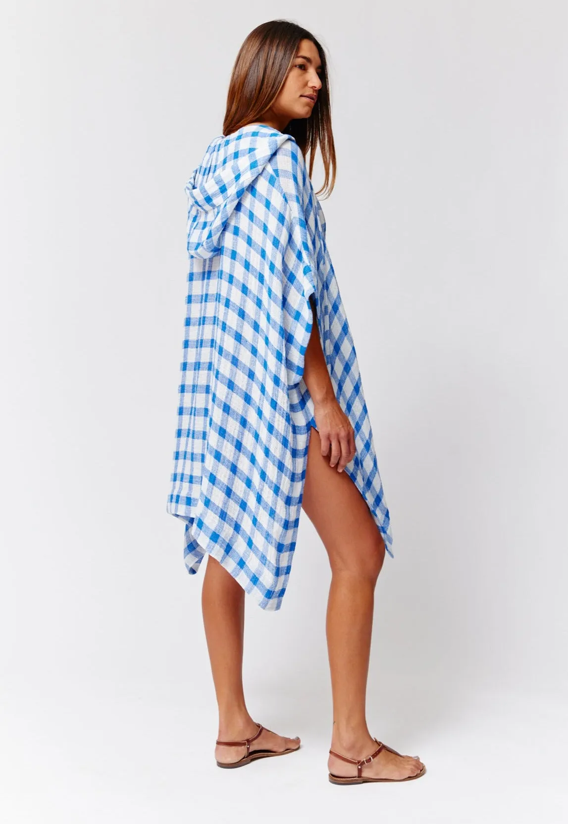 THE HOODED PONCHO in FRENCH BLUE &  WHITE GINGHAM CHIOS GAUZE