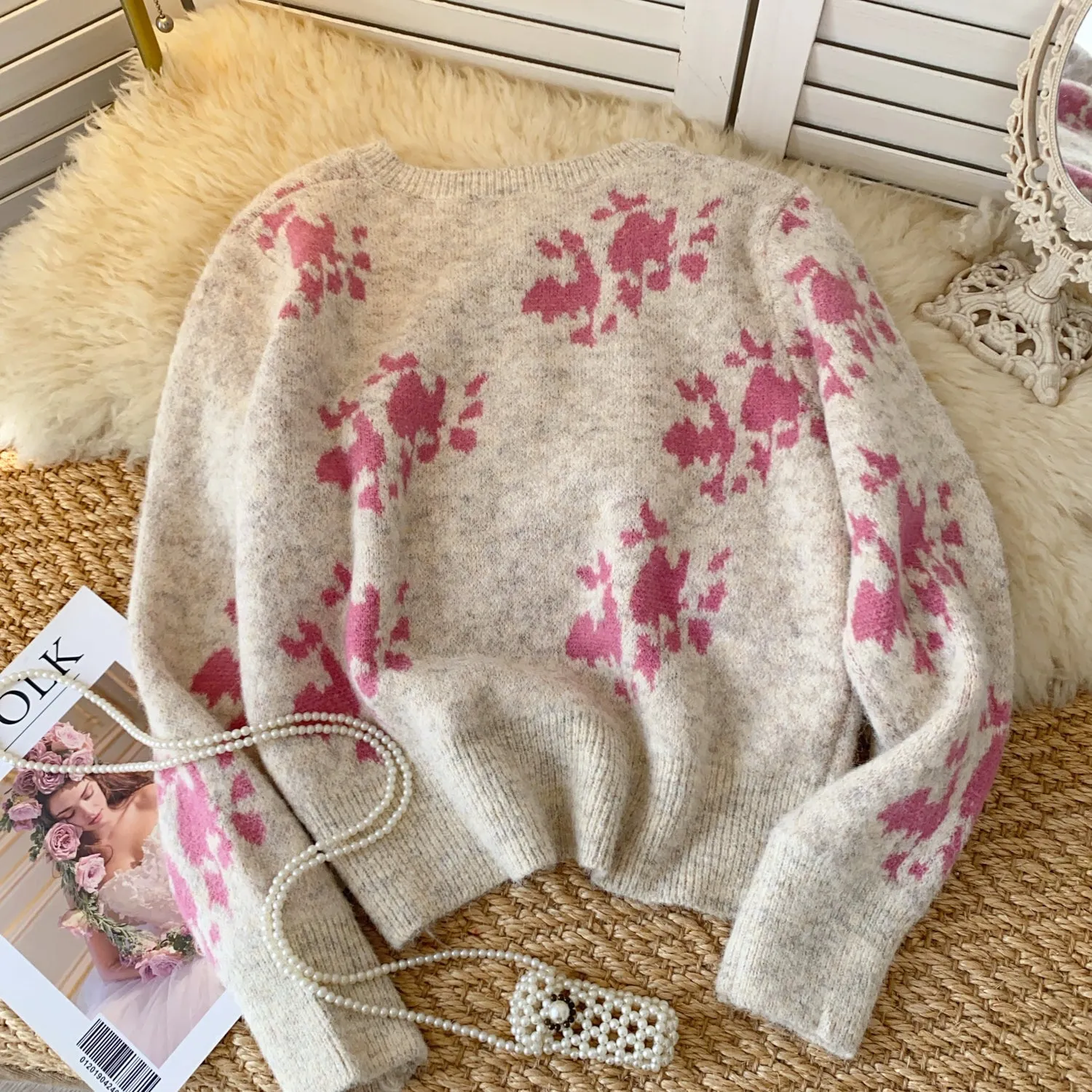 Thermal Round Collar Printed Cardigan