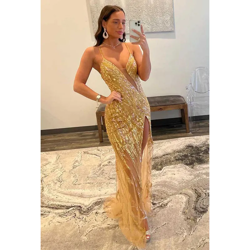 V-Neck Cut Outs Sequined Beaded Sheath Long Prom Gown With Slit