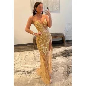 V-Neck Cut Outs Sequined Beaded Sheath Long Prom Gown With Slit