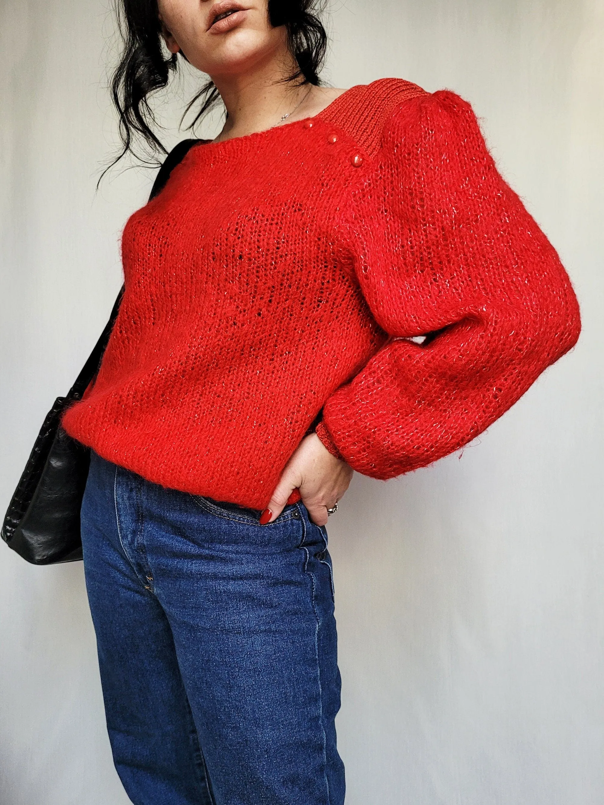 Vintage 80s handmade red balloon sleeve oversize jumper top