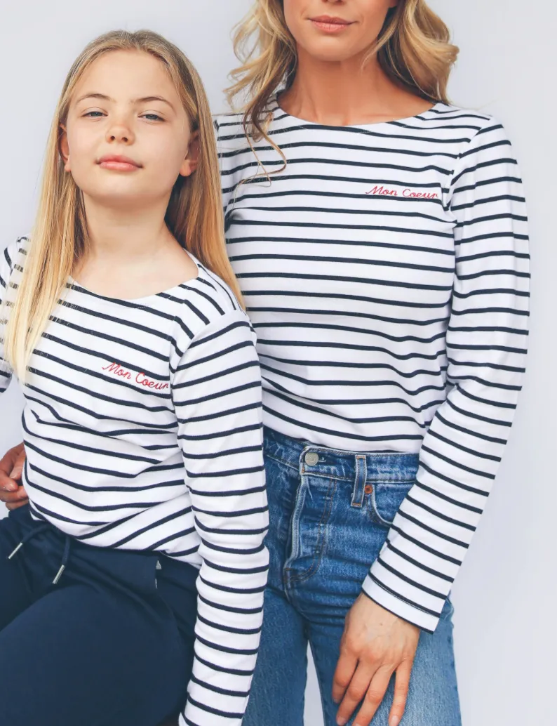 White & Navy stripe ‘Mon Coeur’ Embroidered long sleeve tee.