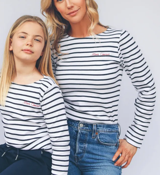White & Navy stripe ‘Mon Coeur’ Embroidered long sleeve tee.