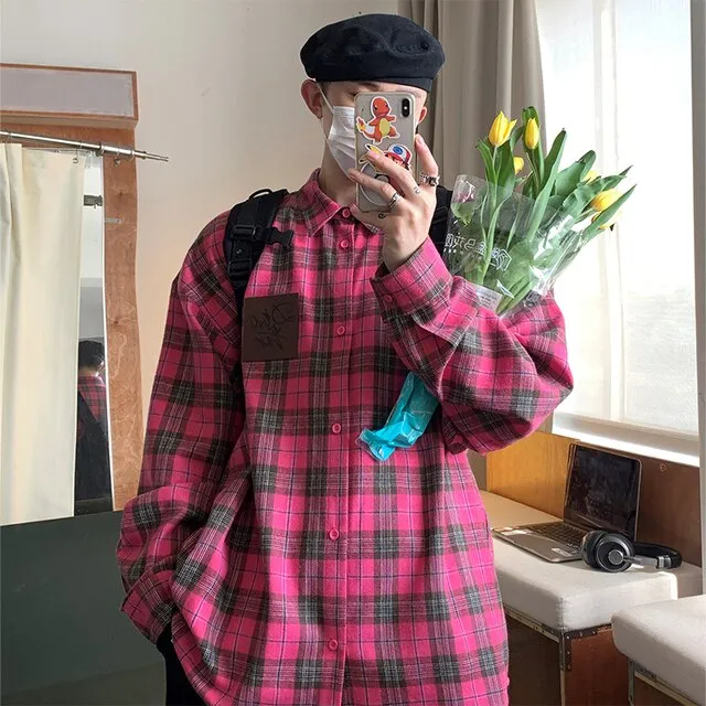 Wiaofellas Men Plaid Hooded Long Sleeve Shirts Spring New Korean Shirt Neutral Woman Gothic Fashion Casual Oversize Hip Hop Shirt Coat