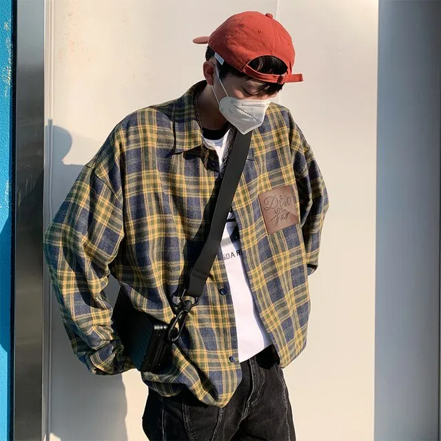 Wiaofellas Men Plaid Hooded Long Sleeve Shirts Spring New Korean Shirt Neutral Woman Gothic Fashion Casual Oversize Hip Hop Shirt Coat