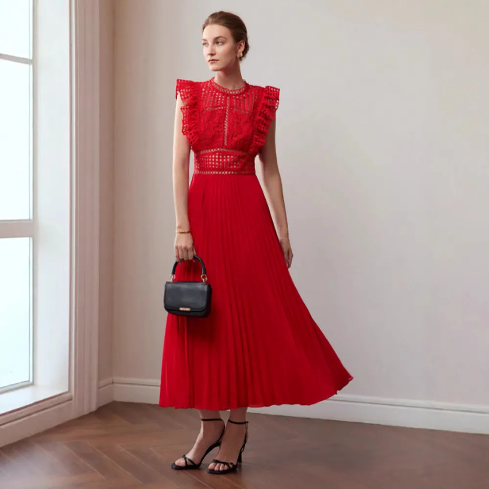 Women Pleated Flutter Sleeve Cocktail Formal Dress