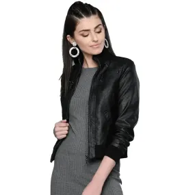 Women's Black Solid Bomber Leather Jacket Stylish Fit
