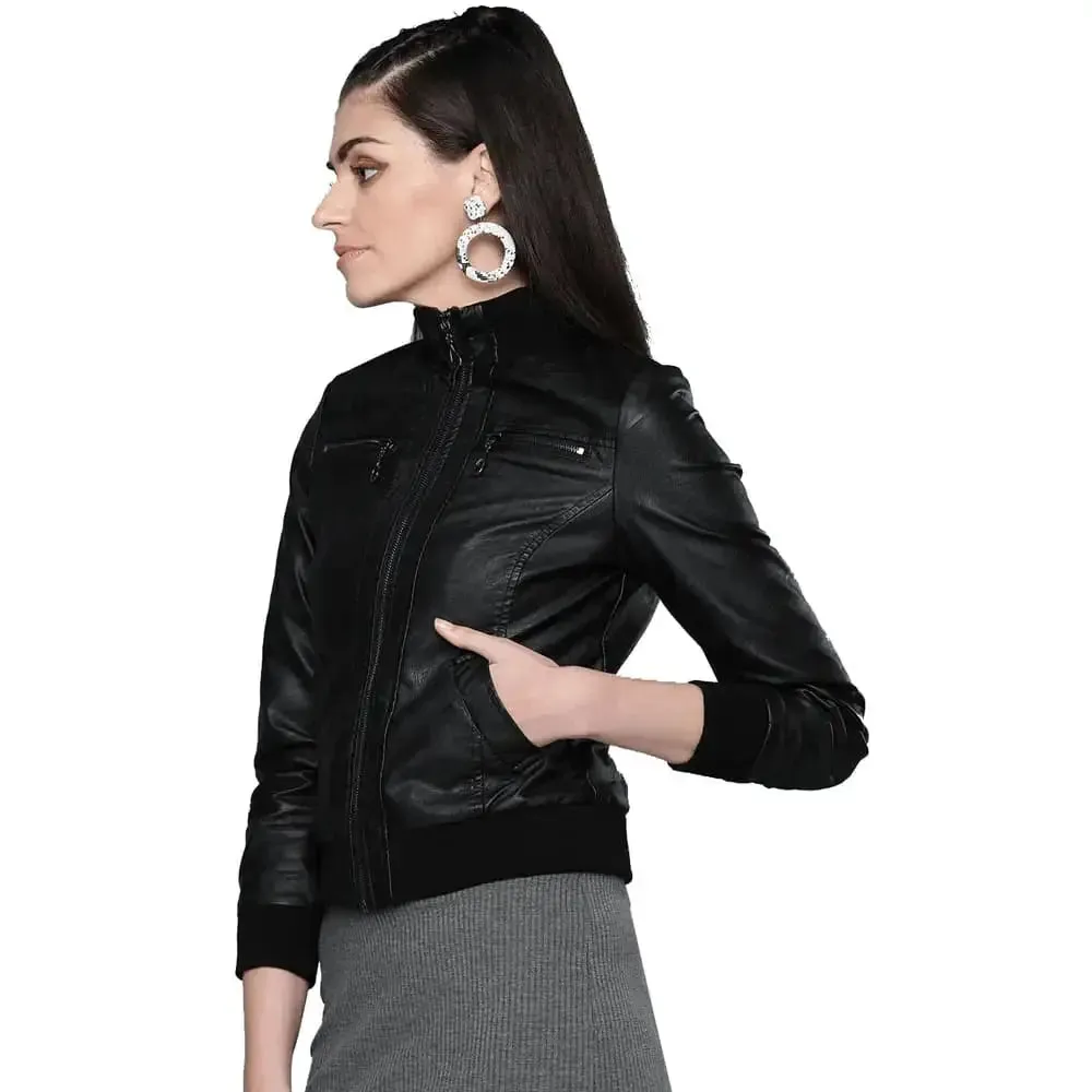 Women's Black Solid Bomber Leather Jacket Stylish Fit