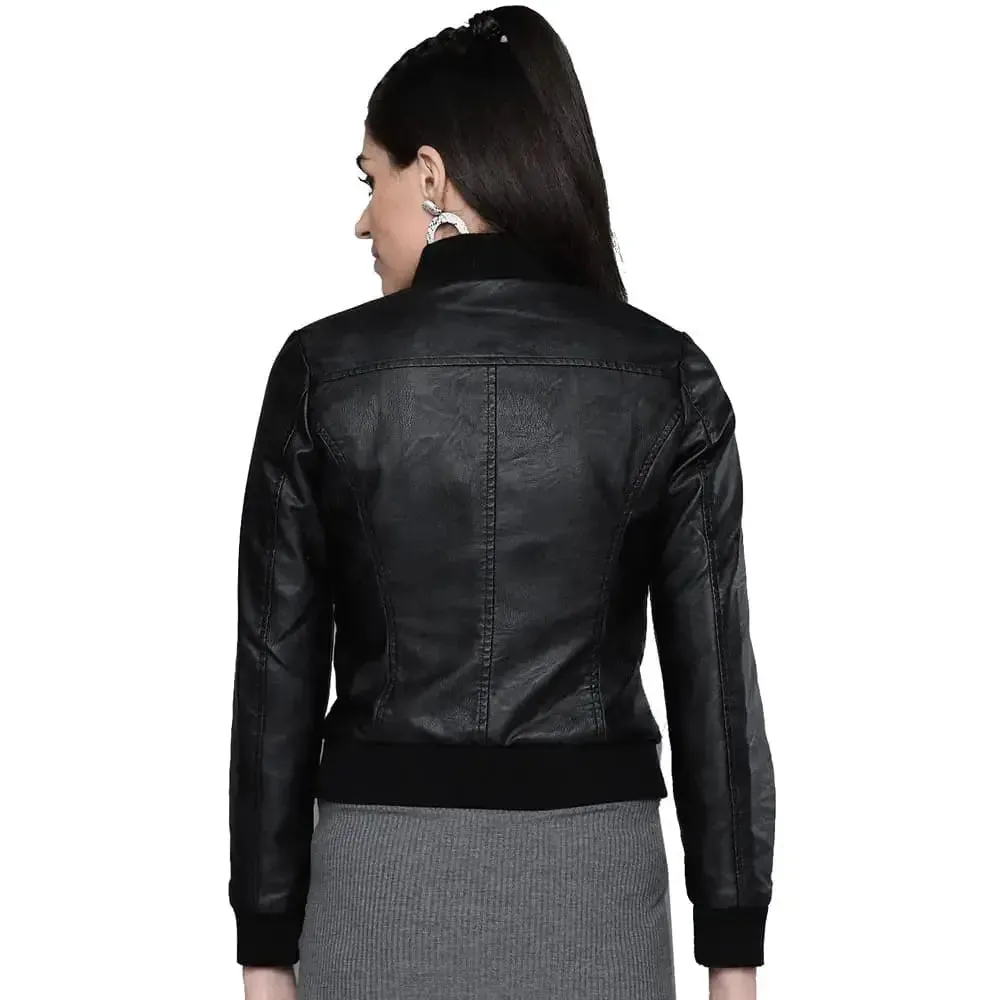 Women's Black Solid Bomber Leather Jacket Stylish Fit