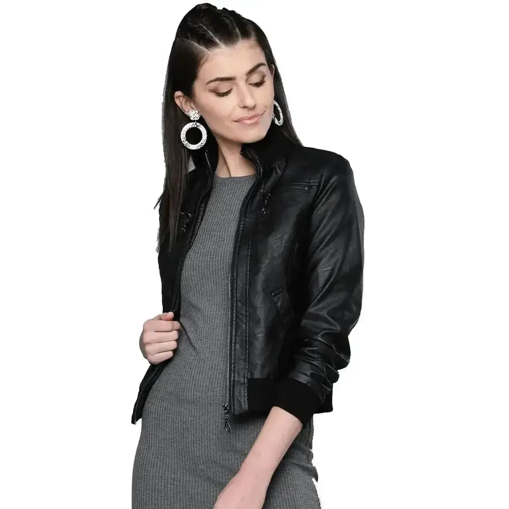Women's Black Solid Bomber Leather Jacket Stylish Fit