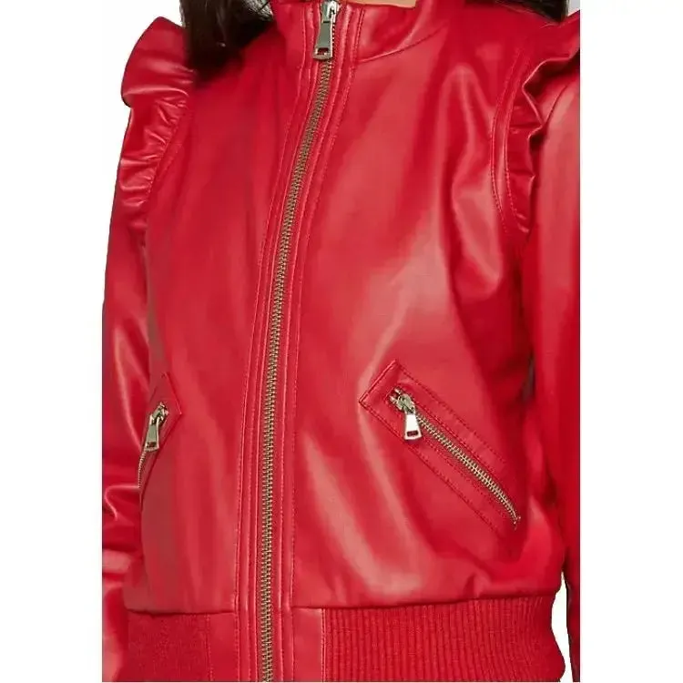 Women's Red Leather Bomber Jacket