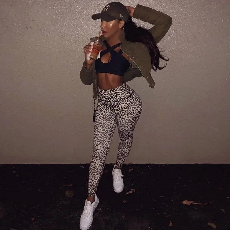 Women's Summer High Waist Push-Up Slim Leggings With Leopard Pattern