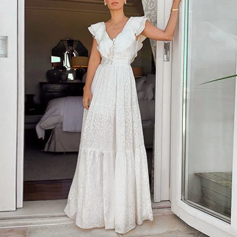 Women's Summer Sleeveless V-Neck Ruffled Long Dress