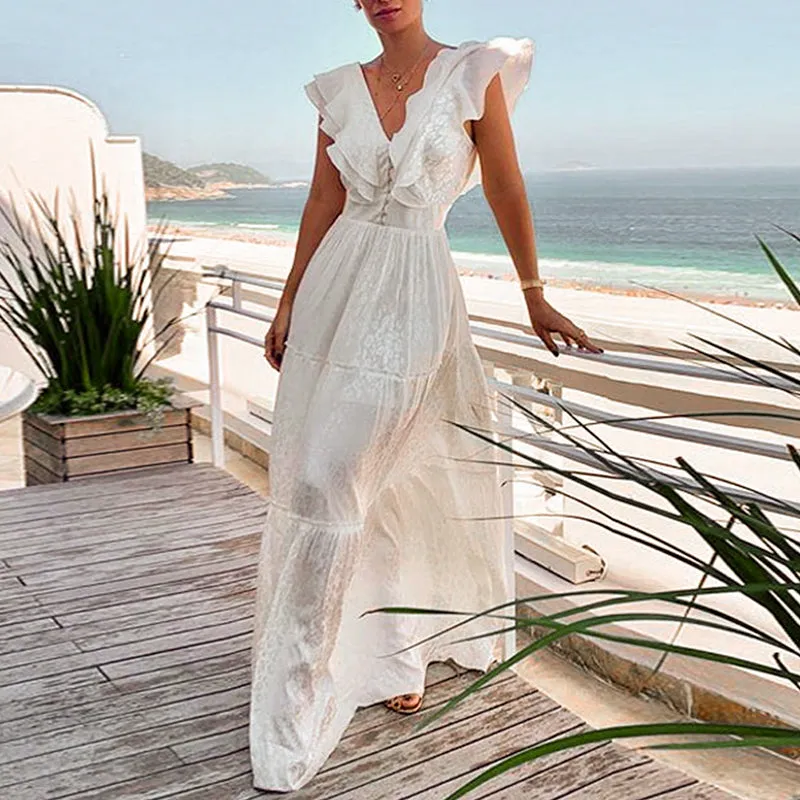 Women's Summer Sleeveless V-Neck Ruffled Long Dress