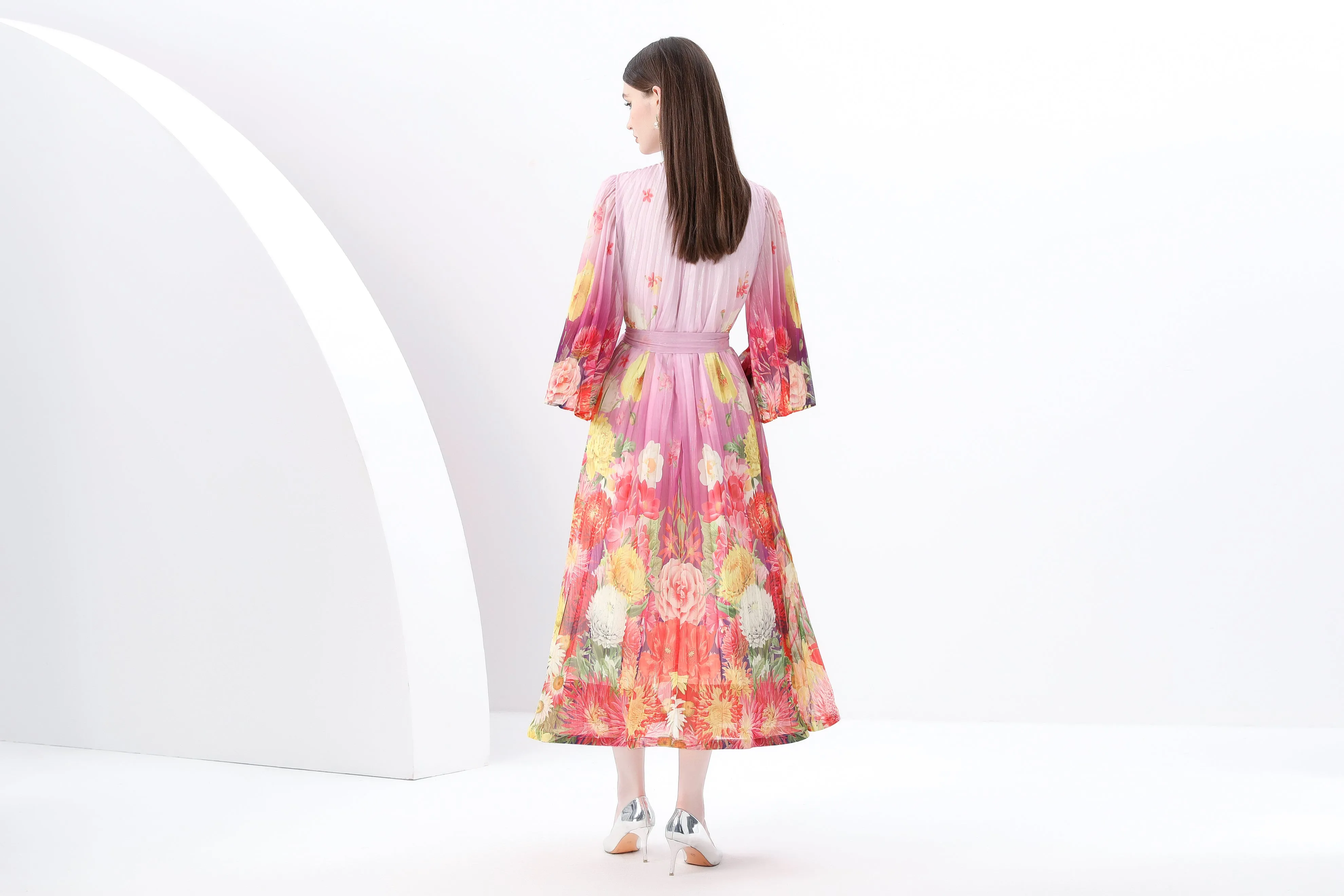 Women's  V Neck Pleated Flare Sleeve Flowy Maxi Dress