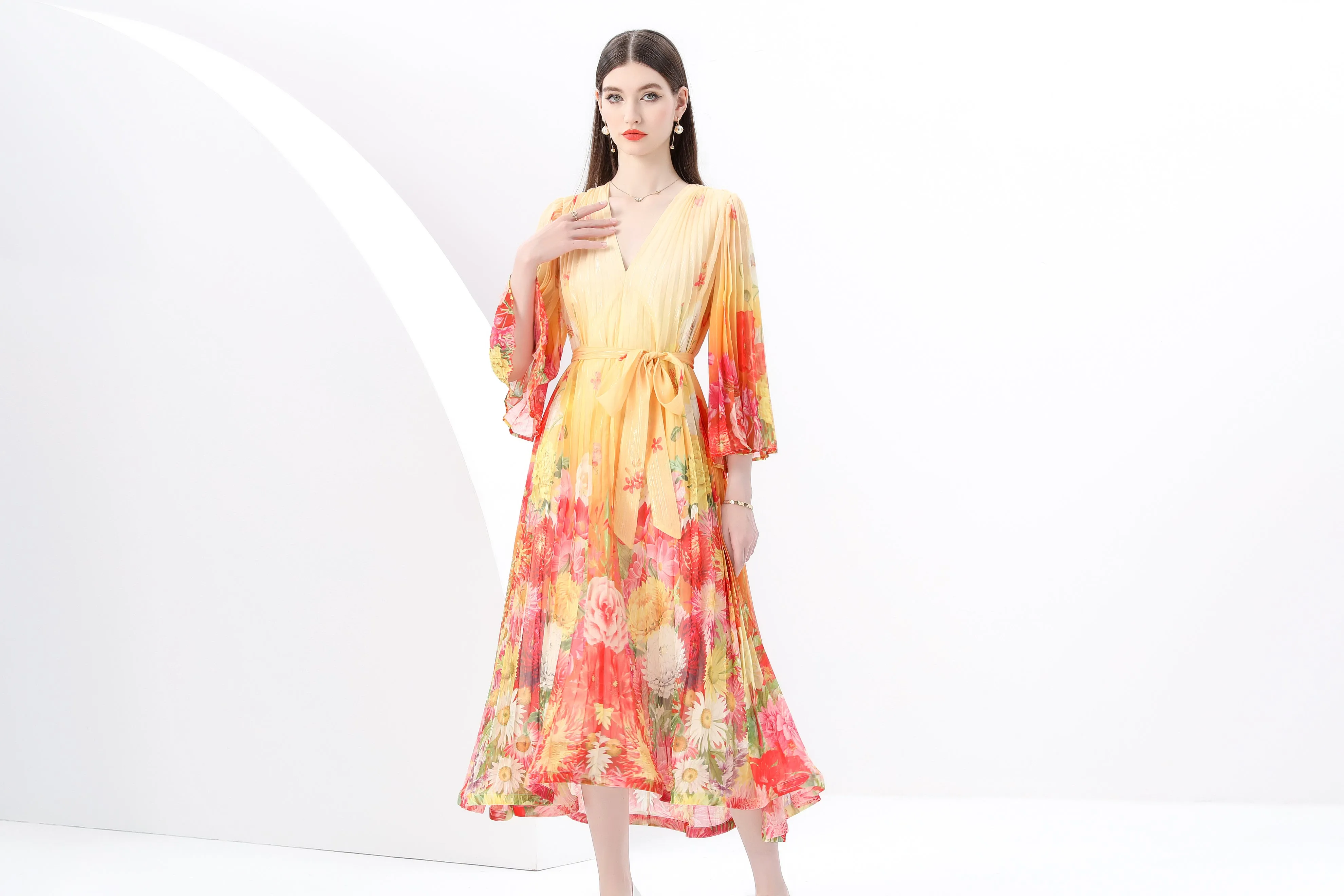 Women's  V Neck Pleated Flare Sleeve Flowy Maxi Dress