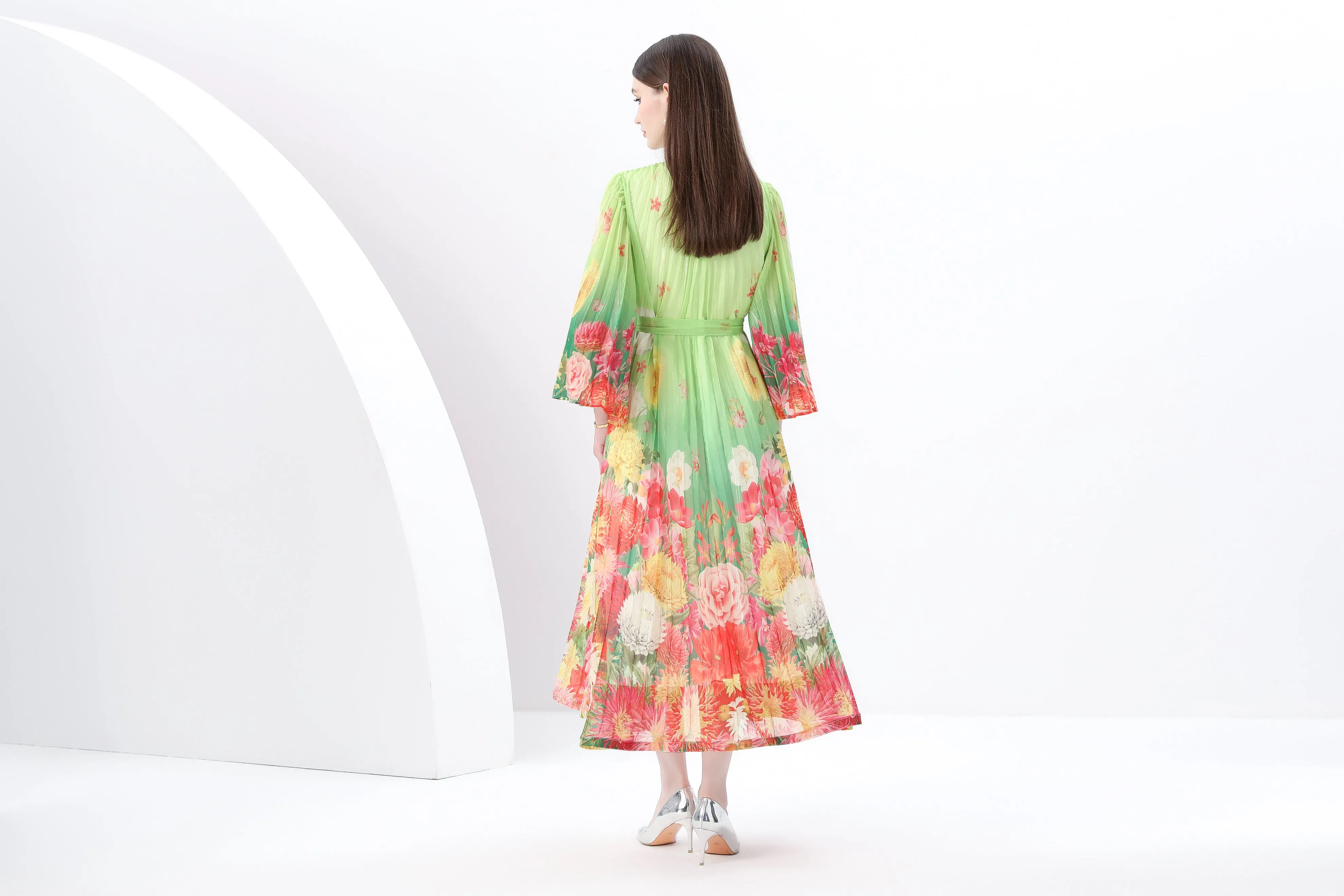 Women's  V Neck Pleated Flare Sleeve Flowy Maxi Dress
