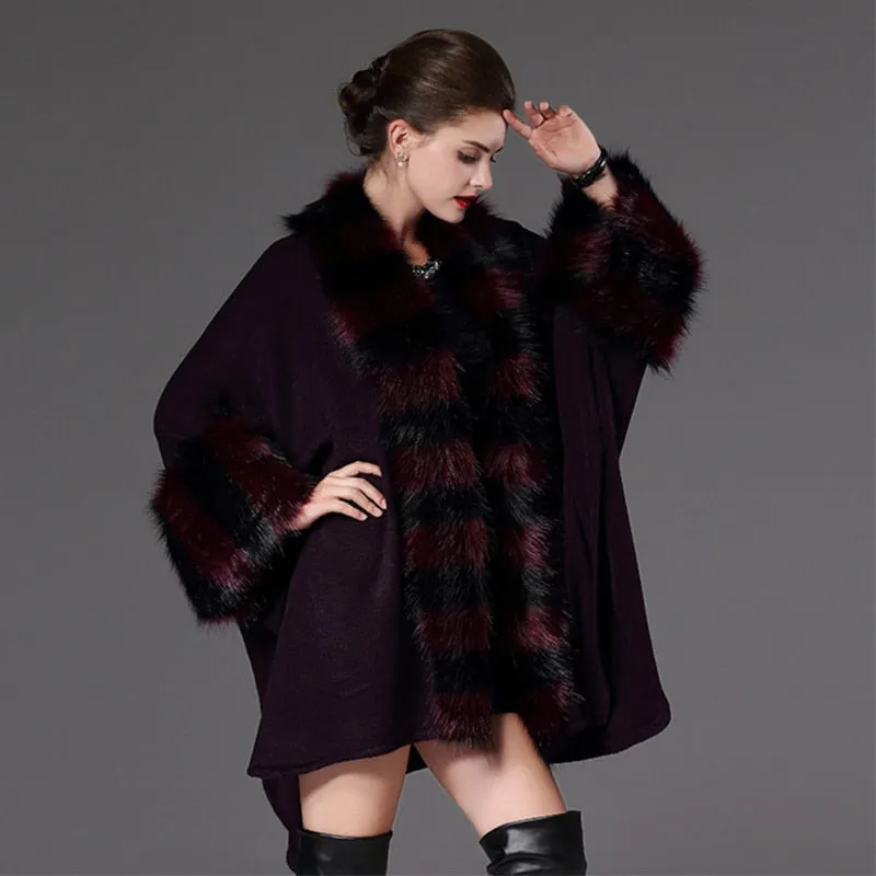Women's Winter O-Neck Poncho With Thick Warm Faux Fur