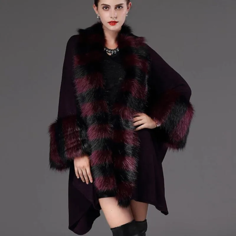 Women's Winter O-Neck Poncho With Thick Warm Faux Fur