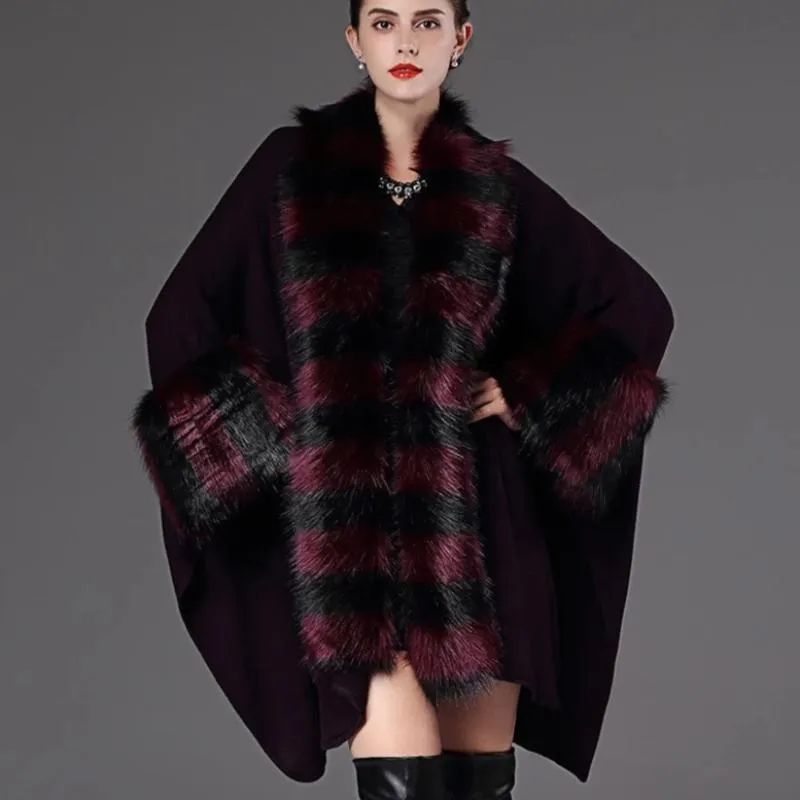 Women's Winter O-Neck Poncho With Thick Warm Faux Fur