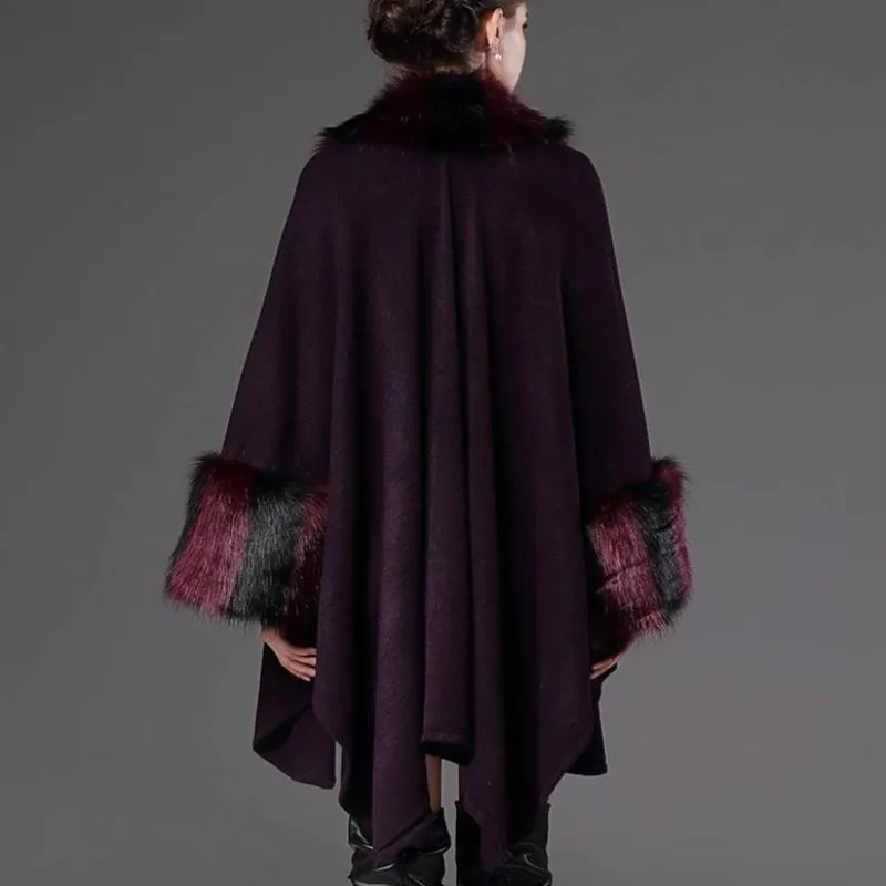 Women's Winter O-Neck Poncho With Thick Warm Faux Fur