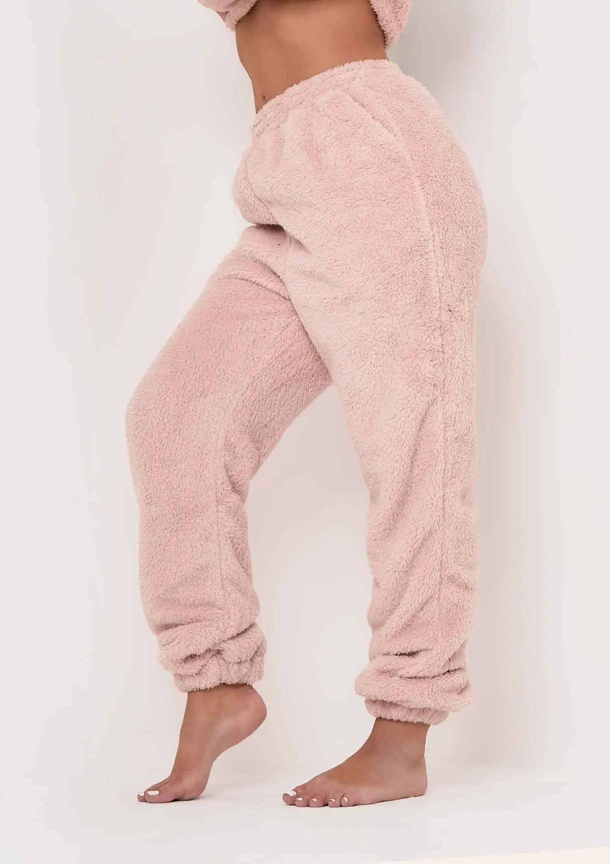 Yasmine Pink Fluffy Teddy Borg Casual Oversized Joggers