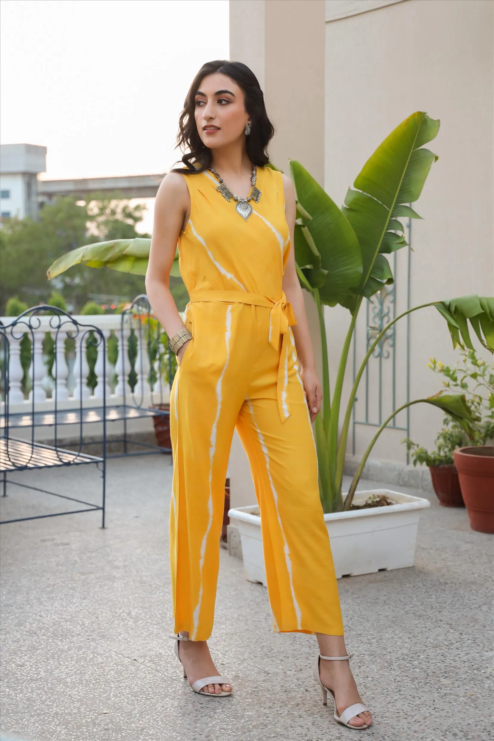 Yellow Rayon Dobby Shibori Jumpsuit With Belt Tie Up
