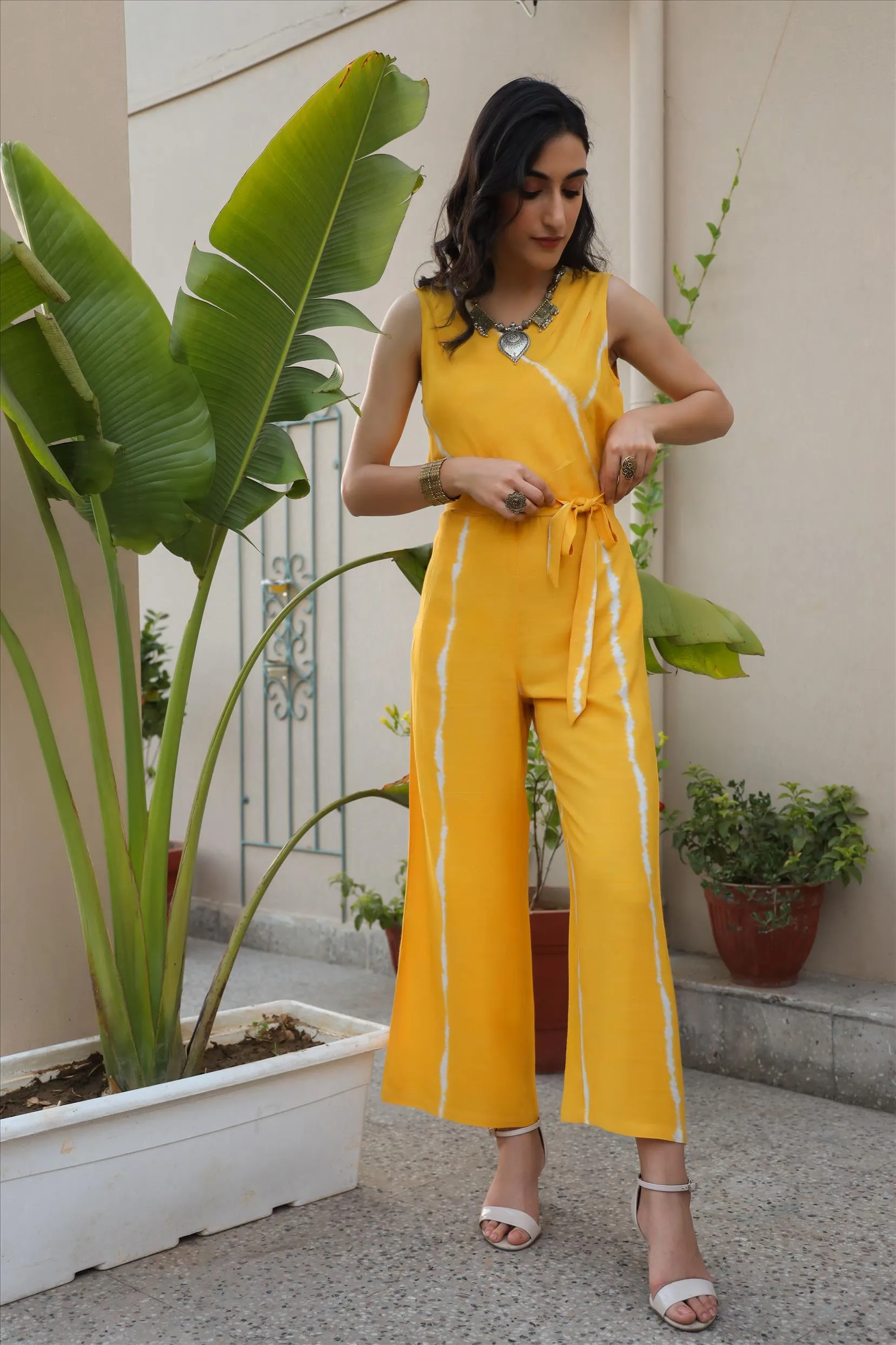 Yellow Rayon Dobby Shibori Jumpsuit With Belt Tie Up