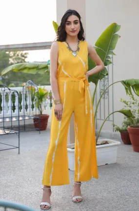 Yellow Rayon Dobby Shibori Jumpsuit With Belt Tie Up
